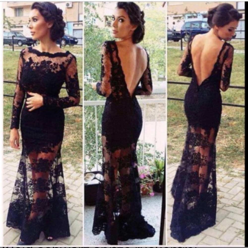 Gorgeous floral lace open back see through gown